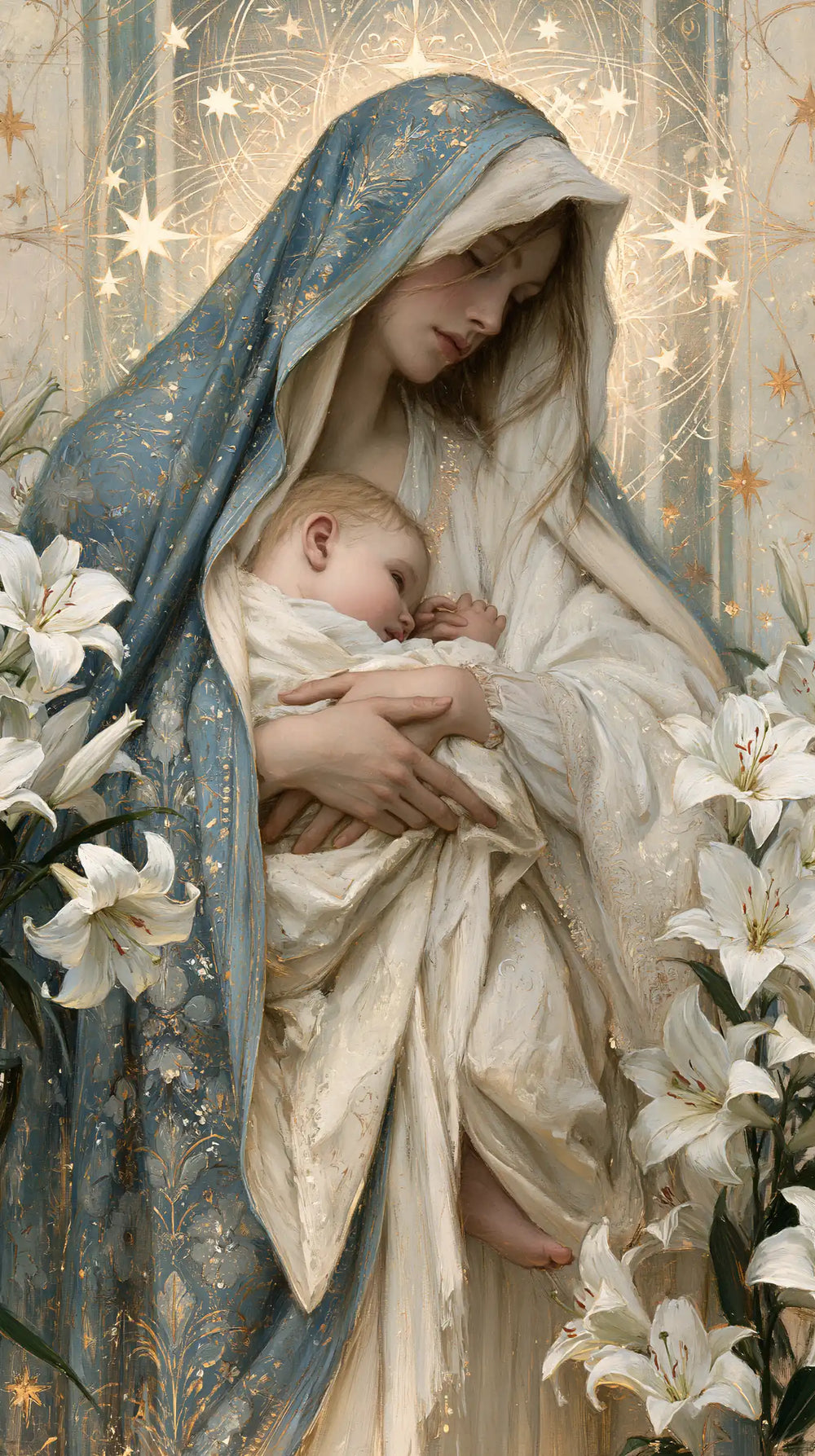 the Virgin Mary and the Child Jesus in Symbolist style, portrait Christian artwork no. 23