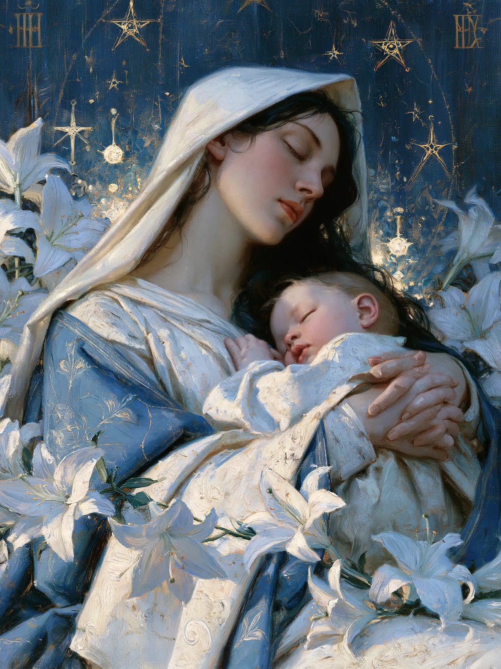 the Virgin Mary and the Child Jesus in Symbolist style, portrait Christian artwork no. 31