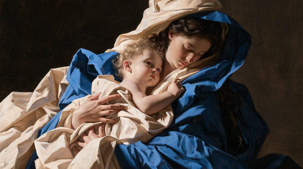 the Virgin Mary and the Child Jesus in Theatrical Baroque style, landscape Christian artwork no. 6