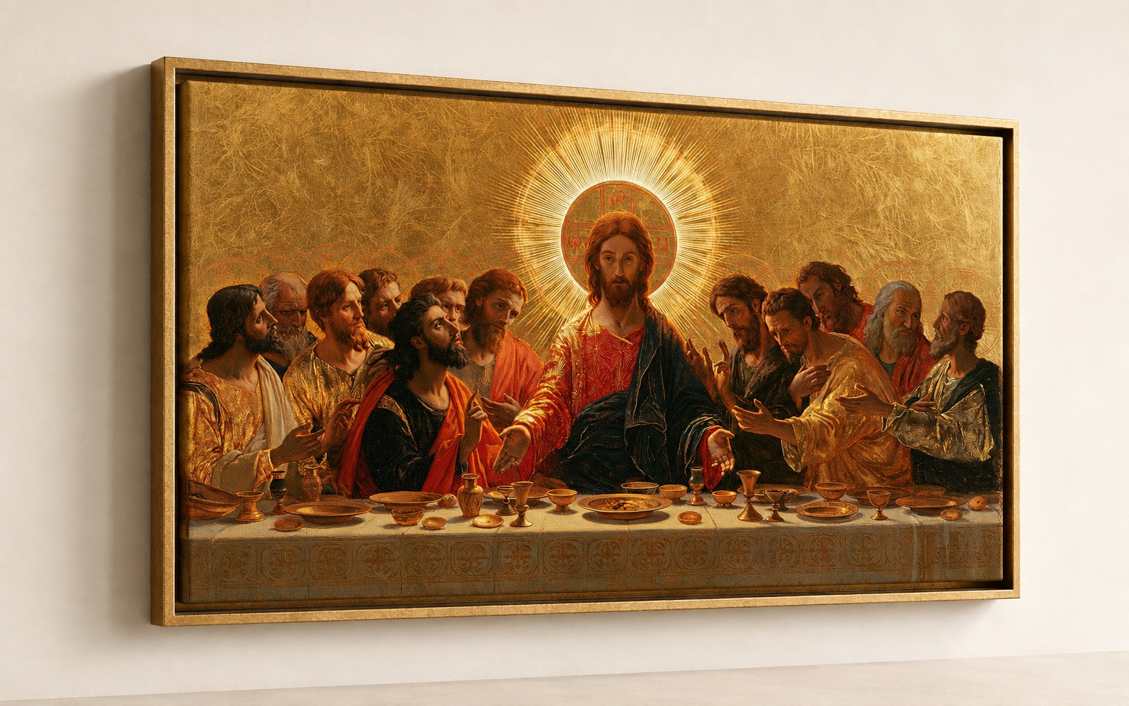 Das gleiche Abendmahlskunstwerk, gedruckt auf Leinwand in einem antiken goldenen Schwebrahmen