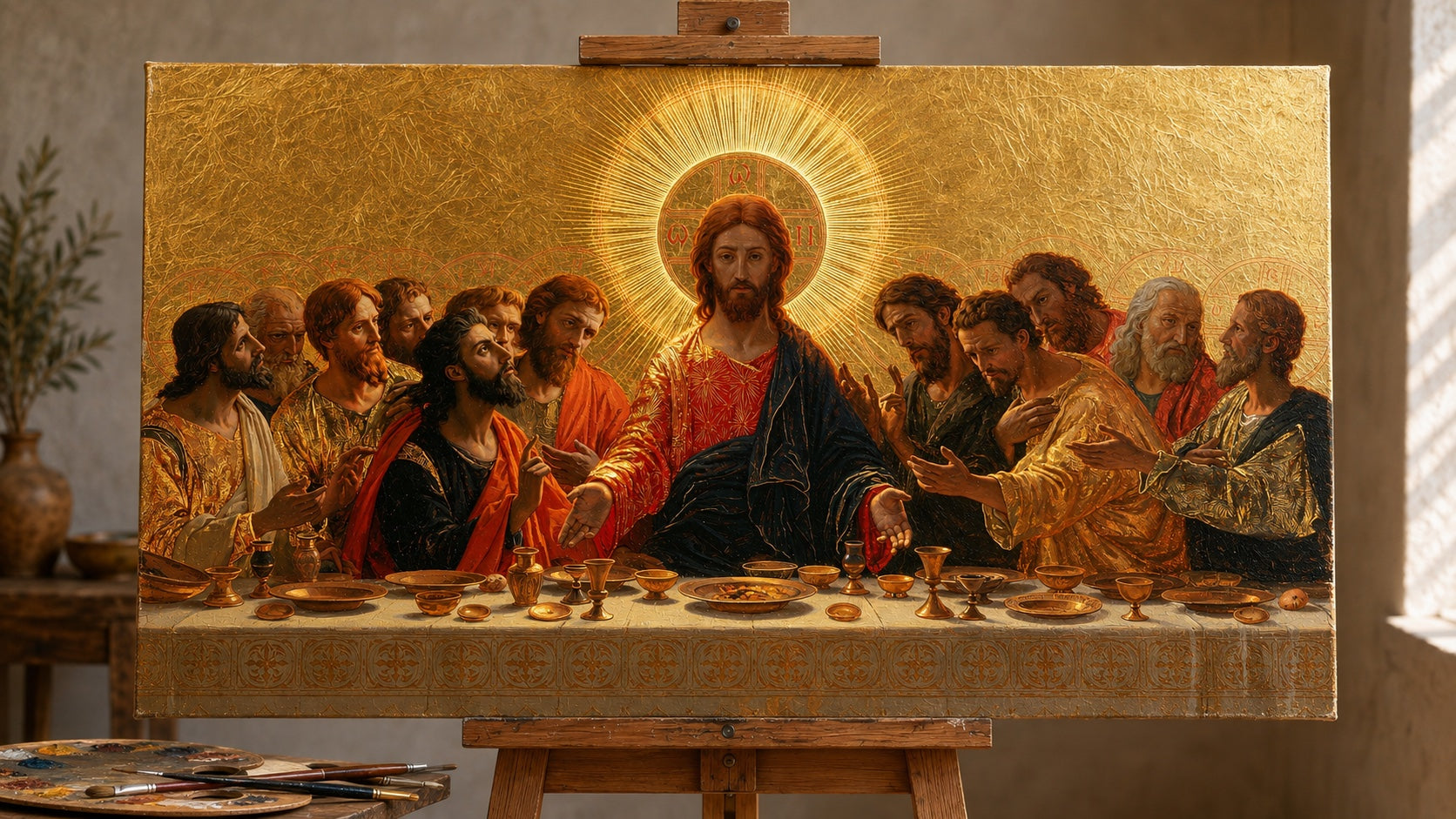 Das gleiche Kunstwerk vom Letzten Abendmahl, handgemalt in Öl auf einer nicht eingerahmten Leinwand im Studio