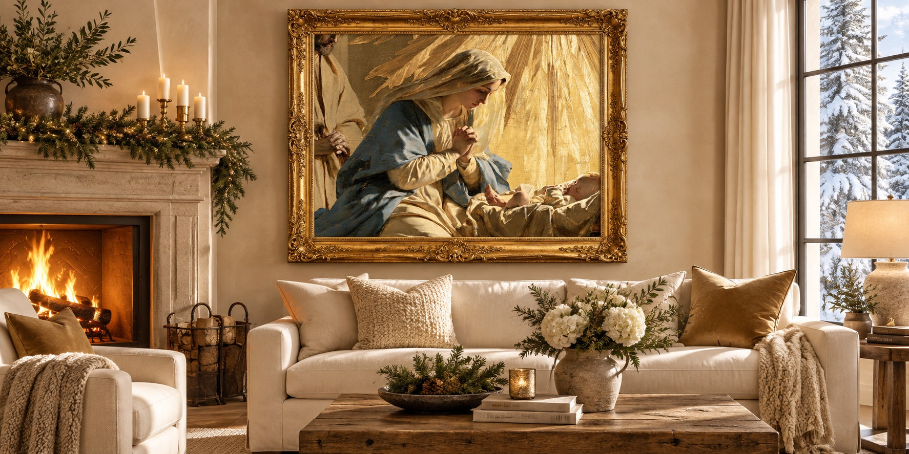 The Nativity — Gold artwork styled in a gold frame